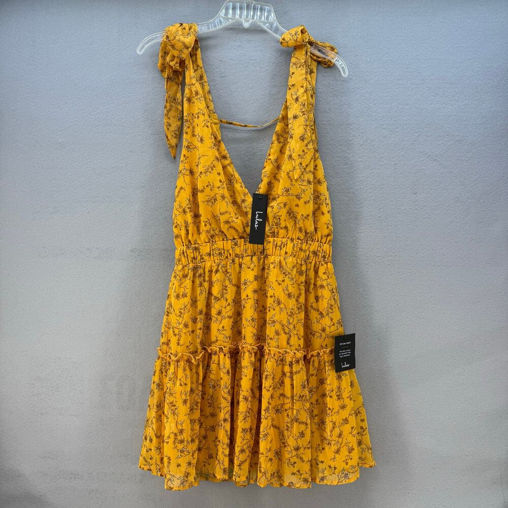 Lulus Halter Sundress Women's M Yellow Gold Metallic Mini Dress Adjustable NWT - Picture 2 of 10